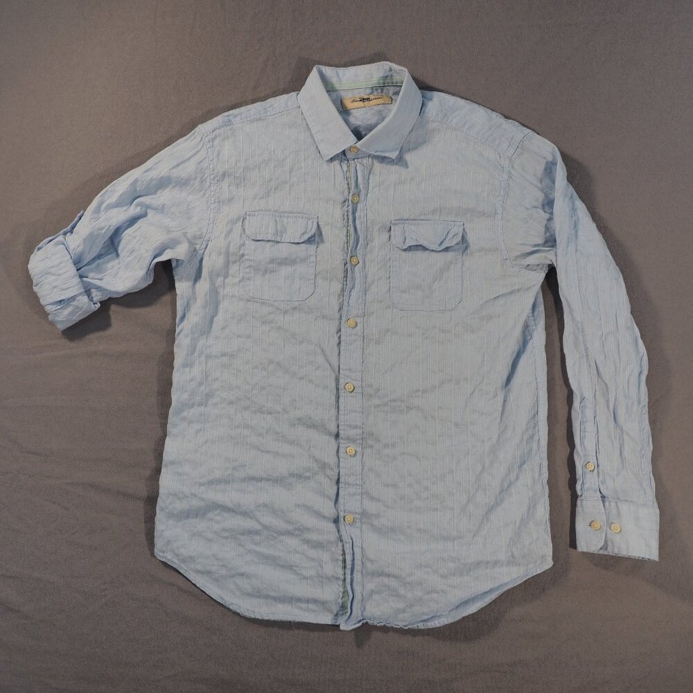 Tommy Bahama Shirt Mens Large Blue Stripe Embroidered Monochrome Roll Tab Sleeve